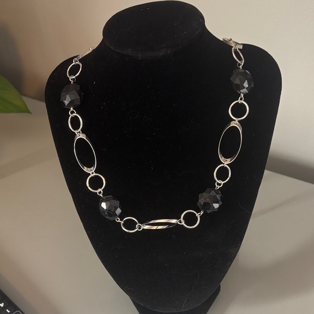 Silver and large black beaded necklace. Shows no wear.